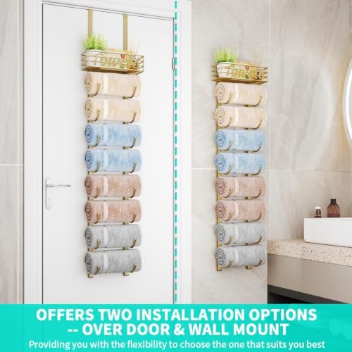 HapiRm Towel Racks for Bathroom Storage - 9 Tier Over The Door & Wall Mount Rolled Towel Storage Organizer Holder with Metal Shelf Basket for Small Bathroom, Camper, Rv - Gold, Patented - Image 2