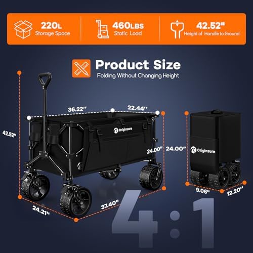 Originsure 220L Collapsible Beach Wagon Cart with Big Wheels, 460lbs, Black - Image 4