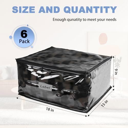 Clear Zippered Plastic Clothes Storage Bags, 6 Pack, Black | Clear Storage Bags with Zipper Plastic Storage Bags for Clothes Sweaters Blankets Sheets, Size: 18 x 15 x 9 Inch - Image 2