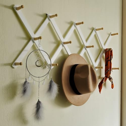 SKOLOO Hat Rack for Wall with 14 Hooks, Solid Wooden, Modern, Expandable Coat Rack Wall Mount for Coats, Hats, Bags, Baseball Caps, Natural on White - Image 2