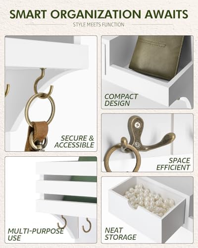 Rebee Vision Key Holder Wall Mount with Drawer & Shelf for Entryway, White - Image 5