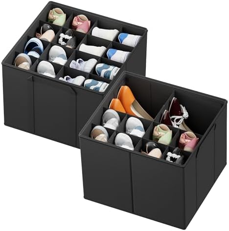 SpaceAid Shoe Organizer for Closet, 2 Pack Foldable Shoe Storage Containers Baskets Boxes Bins w/Adjustable Dividers, Fits 16-32 Pairs, Black by SpaceAid