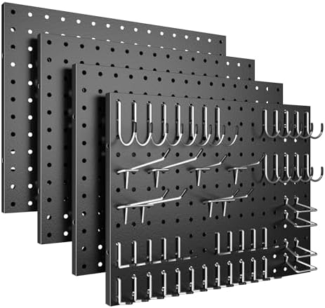 Spampur Peg Board, 4 Pack Metal Pegboard Panels with 50 Hooks, Black Pegboards Wall Organizer, Heavy Duty Peg Board for Walls Home, Garage Tool Storage, Office Organization, Craft Room, Kitchen by Spampur