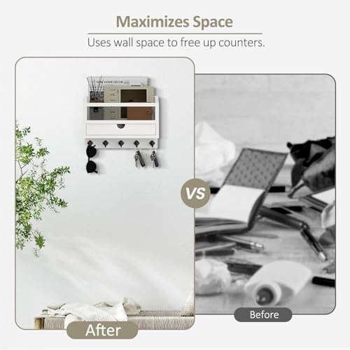 Nekon Key and Mail Holder for Wall, Key Organizer with Drawer, White - Image 3
