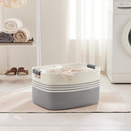 60L Woven Laundry Basket Hamper with Leather Handles,Grey - Image 3