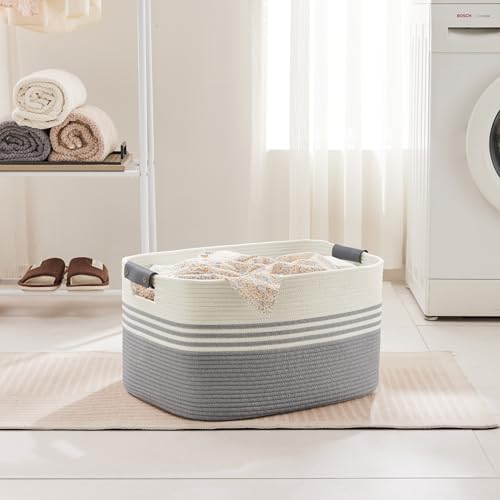 60L Woven Laundry Basket Hamper with Leather Handles,Grey - Image 3