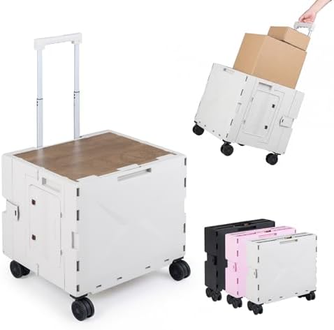Goplus Foldable Utility Cart, Portable Rolling Crate Handcart with 4 Rotate Wheels, Telescoping Handle, Lid & Cup Holder for Travel, Shopping, Luggage, Grocery, Office & Teacher (White) by Goplus