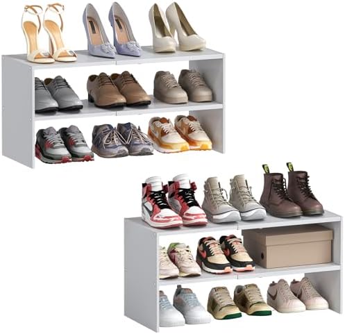 2 Pack Expandable White Shoe Rack Organizer for Closet, 2-Tier Stackable Shoe Storage Shelf, Small Iron Wood Combination Shoe Shelves for Closets,Entryway,Front Door, Narrow Space,Hallway,15-24 Pairs by Hencawima
