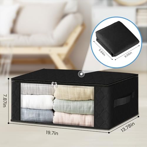 HomeHacks 6-Pack Clothes Organizer Storage Bags Foldable Storage Box with Large Clear Window Sturdy Handles for Closet, Dorm, Pillows, Bedding, Clothes, Stuffed Toys, Blankets, 35L, Black | Foldable Storage Box Container with Zippers, Clear Window, Rei... - Image 2