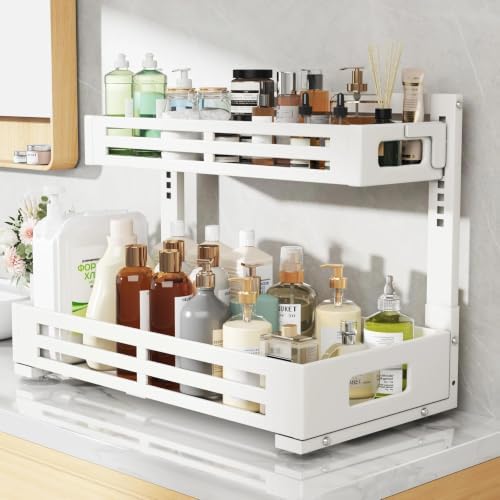 2 Pack 21IN-Depth Under Sink Organizer,Pull Out Cabinet Organizer With Smooth Cylindrical Rail,Metal Slide Out Drawer for Kitchen Bathroom Laundry,8-Level Tool Free Height Adjustable-White - Image 7