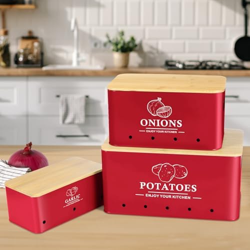 Kitchen Vegetable Storage Set of 3, Metal Onion Garlic Potato Storage Set, Kitchen Canisters Vegetable Keeper Containers with Aerating Holes and Bamboo Lid，Red - Image 2