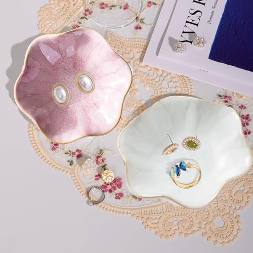 Binoster Ceramic Jewelry Dish, Jewelry Tray Key Tray,Small Ring Dish Holder Jewelry Plate Trinket Dish Catchall Tray Nightstand Decor For Table Room Decor SM (4.3 Inches, White + Pink) - Image 2