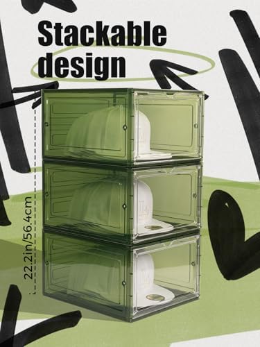 SCAVATA 6 Pack Hat Organizer Box, Stackable Clear Baseball Caps Holder Box Containers with Magnetic Door for Hats Snapback Cap Storag, Hat Rack Display Case, Holds 8 Hats Each (Green) - Image 3