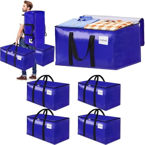FabSpace 4-Pack Moving Bags with Backpack Straps & Carry Handles, 25 Gallons-93 L Heavy Duty Storage Totes for Space Saving, Foldable Storage Bags for College Dorm, Travel, Camping (Blue) by Fabspace