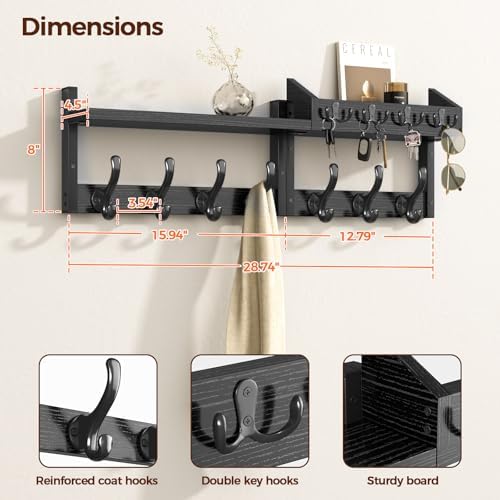Evermagin 29" Coat Rack Wall Mount with Shelf for Entryway, Black - Image 3