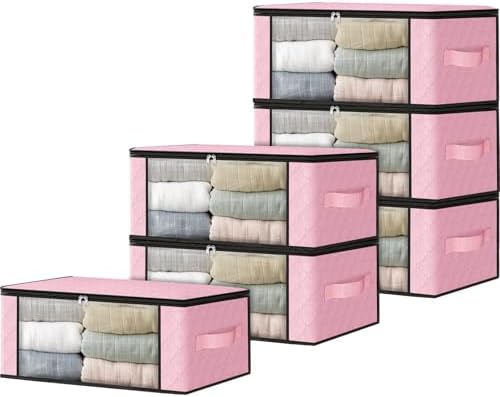 HomeHacks 6-Pack Clothes Organizer Storage Bags, 35L Storage Bins, Pink | Foldable Storage Box Container with Zippers, Clear Window, Reinforced Handles for Closet, Dorm, Pillows, Bedding, Sweater by HomeHacks