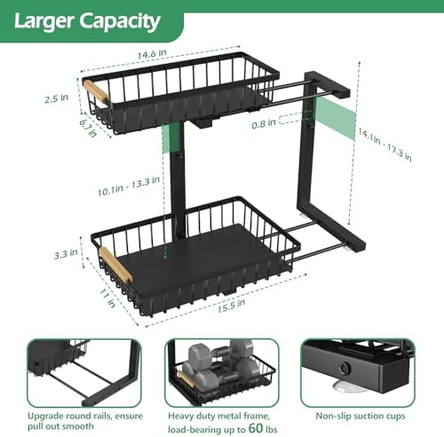 ADRIMER Under Sink Organizer 2 Packs, Pull Out Kitchen Sink Organizer, 2 Tier Slide Out Kitchen Organizers and Storage Bathroom Under Cabinet Storage Shelf, Black - Image 5