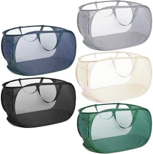 5 Pcs Durable Collapsible Laundry Baskets, Foldable Laundry Basket Large Opening, Pop Up Laundry Hamper with Pocket, Clothes Hamper with Handles for Laundry, Bathroom, Kids Room, Dorm or Trave by Bemkoo