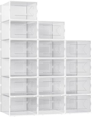 Foluck X-Large Shoe Storage Box, 15 Pack Clear Plastic Stackable Shoe Organizer for Closet, Interlocking Design Shoe Container Bins for Sneakers, Foldable Shoe Rack with Lids, White by Foluck
