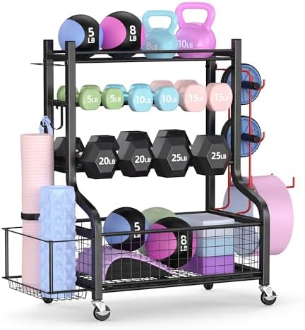 PLKOW Dumbbell Rack, Weight Rack for Dumbbells, Home Gym Storage for Dumbbells Kettlebells Yoga Mat and Balls, All in One Workout Storage with Wheels and Hooks, Powder Coated Finish Steel by PLKOW