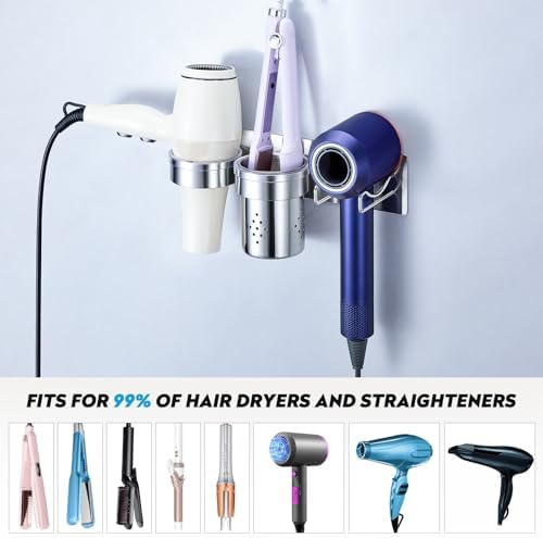 Hair Tools Organizer 5-in-1, Bathroom Hair Dryer Holder Wall Mount Adhesive, Hot Tools Holder Storage Metal with 2 Removable Cups, Blow Dryer Holder for Flat-Curling Iron, Brushes(Silver) - Image 6