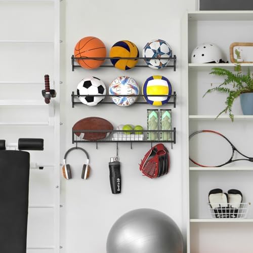 YBING Sports Equipment Organizer with 3 Separate Shelf, Ball Racks for Garage, Garage Sport Equipment Organizer with Hooks,Wall Mount Sports Holder Storage, Black - Image 3