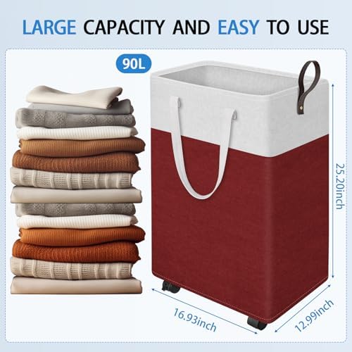 HomeHacks 90L Rolling Laundry Basket with 4 Wheels Collapsible Red - Image 2