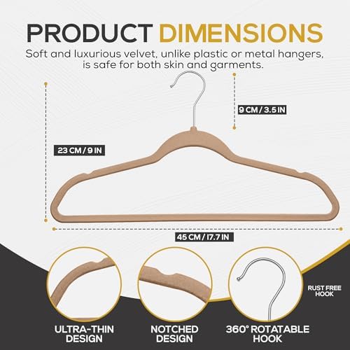 Techzoo 50 Pack New Premium Quality Velvet Hangers Ultra Thin Non Slip Adult Felt Space Saving Hangers for Closet Heavy Duty Coat Pants Dress Hangers 360° Swivel Hook Hold Upto 10 lbs Warm Taupe - Image 2