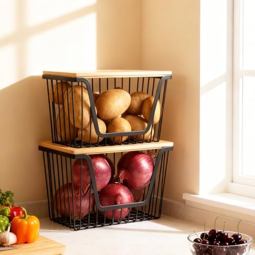 1 Pack Fruit Basket for Kitchen Counter, Stackable Pantry Organizers Storage, Large Wire Storage Basket Suitable for Storing Fruits, Onions, Potatoesand Vegetables - Image 3