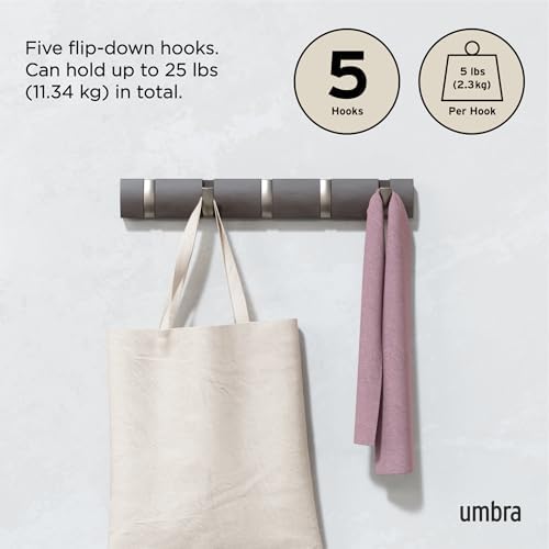 Umbra Flip Coat Rack, Wall Mounted 5-Hook Space Saving, Driftwood/Nickel - Image 5