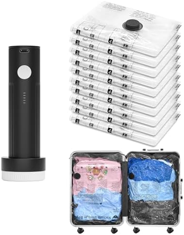 Vacuum Seal Bags for Clothing Travel and Home Storage, Travel Vacuum Bags with Electric Pump, Space Saver Compression Packing Cubes for Luggage Suitcase Bedding Blankets Clothes, 10 Medium by SUOCO