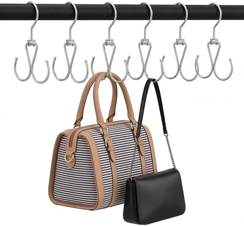 6 Pack Purse Hanger for Closet, 12 Storage Capacity Rotatable Purse Hooks, Hanging Backpack Bag Holder, Closet Organizers and Storage, Silver by OMHOMETY