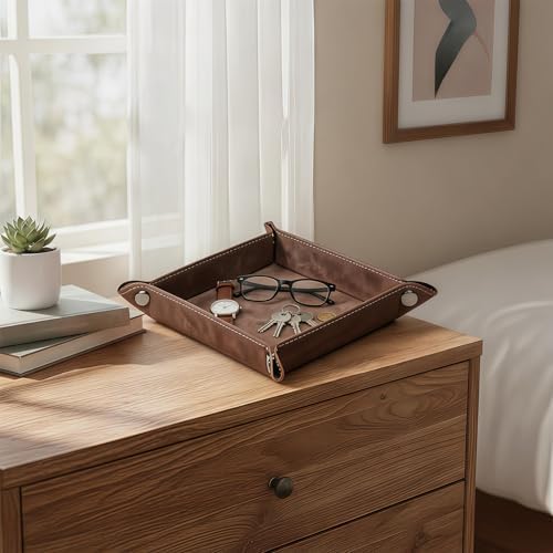 Valet Tray Desktop Storage Organizer – Vegan Leather Catchall Bedside Vanity Tray Nightstand Caddy Holder for Remote Controller, Watch, Keys, Phone, Wallet, Coin, Jewelry, Stone Brown - Image 4