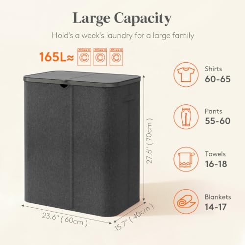 Lifewit 165L 3 Section Laundry Hamper with Lid, Laundry Basket, Dark Gray - Image 2