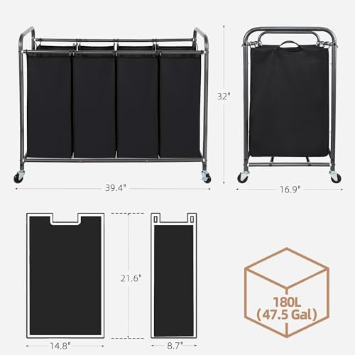 STORAGE MANIAC Laundry Sorter 4 Section, 47.5 Gal (180 L) Laundry Hamper with Wheels, Clothes Divider Basket Sorter, Separator Hamper Cart with Removable Bags, Black - Image 3