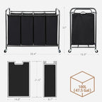 STORAGE MANIAC Laundry Sorter 4 Section, 47.5 Gal (180 L) Laundry Hamper with Wheels, Clothes Divider Basket Sorter, Separator Hamper Cart with Removable Bags, Black - Image 3