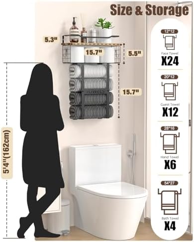 Towel Racks for Bathroom Wall Mounted - Bath Wall Towel Holder Set Above Toilet Storage, Rolled Towel Shelf Organizer for Small Bathroom, Wood Vertical Towel Rack for Bathroom Wall Decor - Image 6