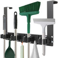 Over The Door Broom and Mop Holder, Heavy Duty Stainless Steel Organizer with 4 Slots and 3 Hooks, No Drilling Space Saving Tool Hanger for Kitchen, Laundry Room, Closet, and Garage - Black by Mechra