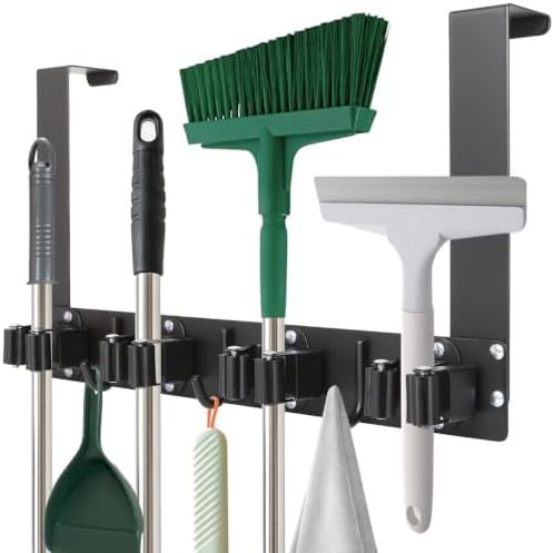 Over The Door Broom and Mop Holder, Heavy Duty Stainless Steel Organizer with 4 Slots and 3 Hooks, No Drilling Space Saving Tool Hanger for Kitchen, Laundry Room, Closet, and Garage - Black by Mechra