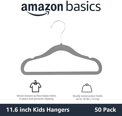 Amazon Basics Kids Velvet, Non-Slip Clothes Hangers for Infant and Toddler, 11.6 inches (for Baby Clothes), Gray (Pack of 4) - Image 2