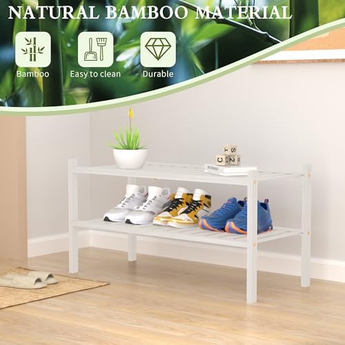 ROMGUAR CRAFT 2 Tier Bamboo Shoe Rack for Closet Free Standing Wood Shoe Shelf for Entryway Small Space Stackable 27"x11"x13" (White) - Image 6