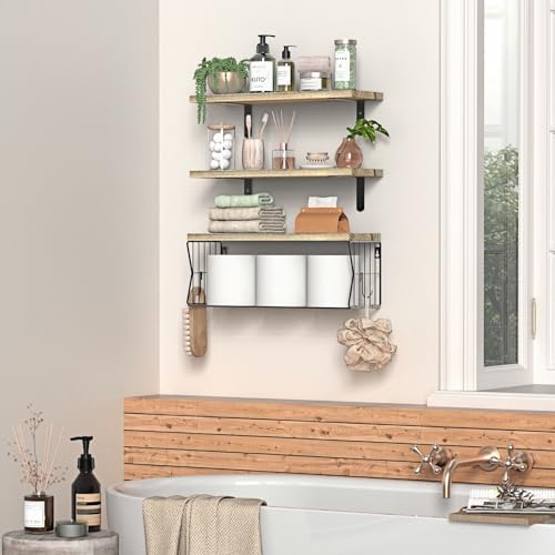 Floating Bathroom Shelves Wall Mounted - Wooden Shelf Set of 3 for Over Toilet Storage & Farmhouse Bathroom Decor - Perfect Shelving Organizer for Apartments RVs Powder Room Restroom - Wood - Image 4