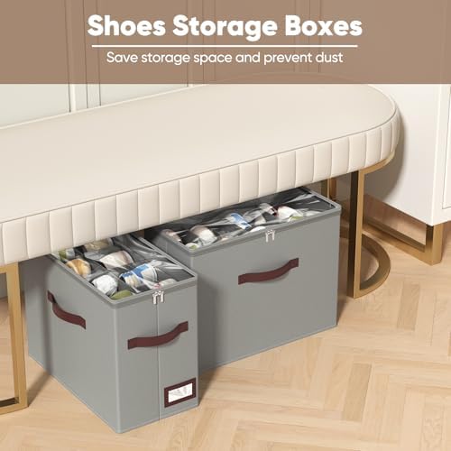 OIAHOMY 2 Pack Shoe Organizer for Closet, Foldable Shoe Storage Bins with Adjustable Dividers, Stackable Oxford Cloth Sneaker Boxes for Entryway Bedroom, Fits Up to 16 Pairs, Grey - Image 2