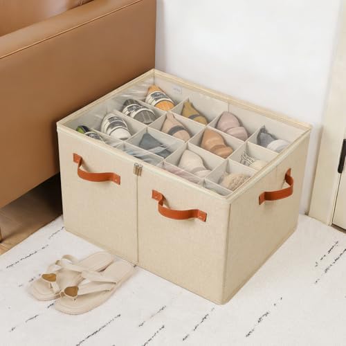 TOPIA HOME Shoe Organizer for Closet 2 Pack, Foldable Shoe Box with Adjustable Dividers and Clear Cover, Space Saving Shoe Storage Organizer Cabinet with Reinforced Handles, Fits 32 Pairs TP12J - Image 3