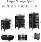 Rolling Cart with 3 Drawers, Plastic Drawer Storage Carts with Lockable Wheels & Wooden Tabletop, Metal Utility Cart Organizer, Office Bedroom Classroom Craft Organization and Storage, Dark Black - Image 3