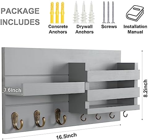 Lwenki Mail Organizer for Wall Mount – Key Holder with Shelf Includes Letter Holder and Hooks for Coats, Dog Leashes – Rustic Wood with Flush Mounting Hardware (16.5” x 8.7” x 3.5”) (Gray) - Image 7