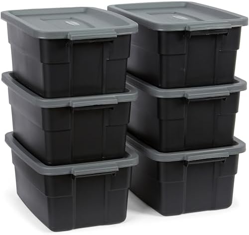 Rubbermaid 6-Pack Heavy Duty Durable 3 GAL Totes for Storage with Snap Lids and Handles, Plastic Storage Bins Stackable Black Gray for Home and Garage (3 GAL - 6 Pack Solid Black and Grey) by Unknown