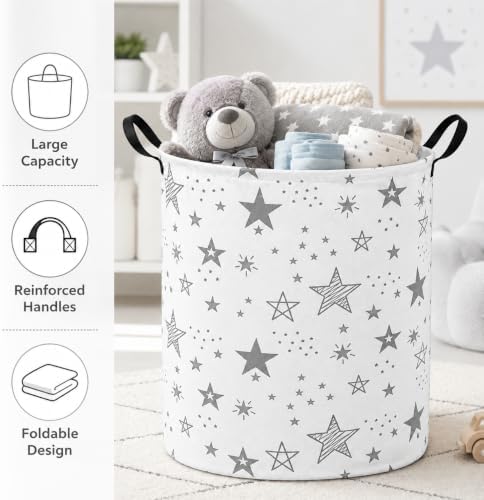 Collapsible Kids Laundry Basket Clothes Hamper, Foldable Storage Organizer Bin, Toy Clothes Storage with Handles for Boys Girls Bedroom, Room Decor Grey Star - Image 7