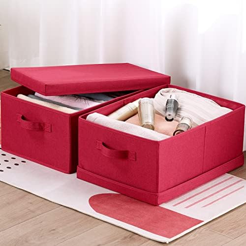 HOONEX Storage Bins with Lids for Organizing, Pack of 2, Storage Boxes with 2 Carrying Handles and Sturdy Heavy Cardboard, 16.5" L x 11.8" W x 7.5" H for Shoes, Books, Clothes, Red - Image 3