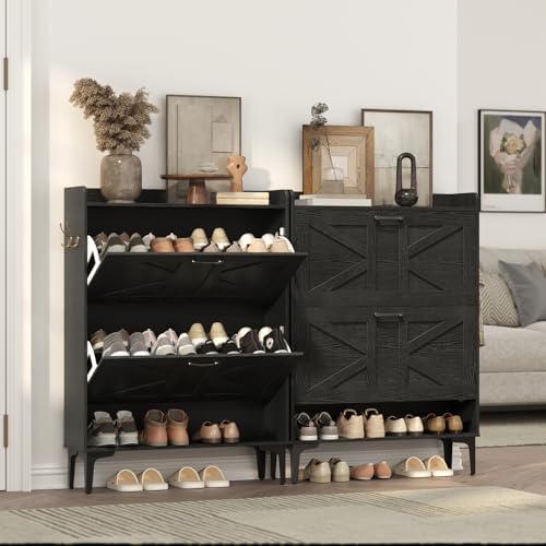 MAHANCRIS Shoe Storage Cabinet, Shoe Organizer with 2 Flip Drawers, Hidden Shoe Storage for Entryway, Freestanding Shoe Cabinet Organizer with Open Storages, Black SHHB9401 - Image 3